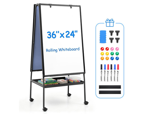 Rolling Whiteboard 36 x 24 in, Classroom Easel with Storage Tray 3'x2', Double Sided, Magnetic, Adjustable Height, Dry Erase, Mobile Whiteboard...