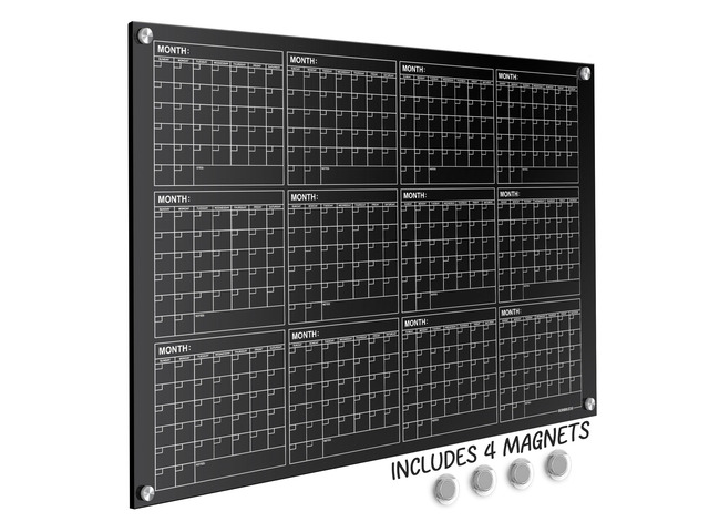 Black Magnetic 34x46 Glass Whiteboard Yearly Calendar Planner White Board Dry Erase Calendar for Wall Monthly Glass Whiteboard Home Office Large...