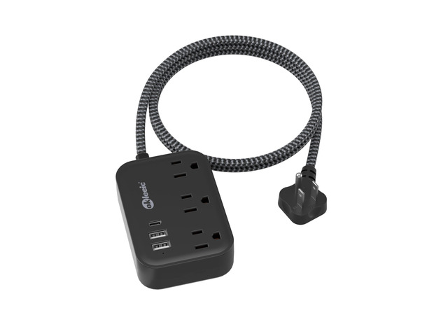 Flat Plug Power Strip with USB C Ports, Black Extension Cord 5FT with 3 AC Outlets 3 USB, Short Extension Cord Outlet Extender with No Surge...