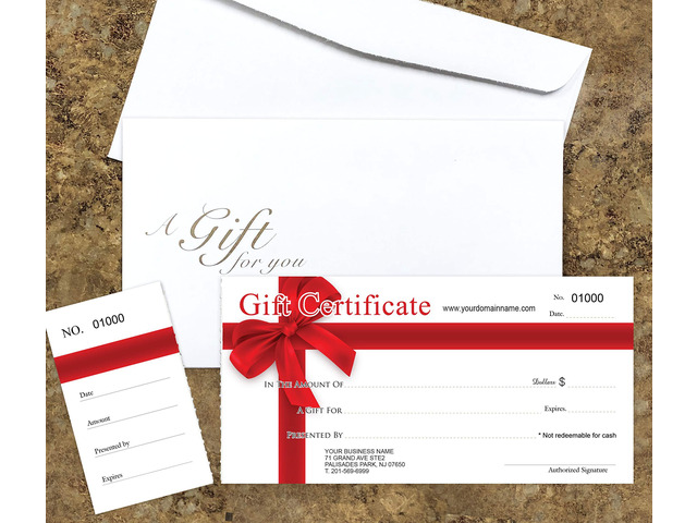 Custom Gift Certificates Cards with Envelopes 100 set -RED-RIBBON-Gift Coupons,Vouchers for Small Business,Spa,Makeup,Hair Beauty...