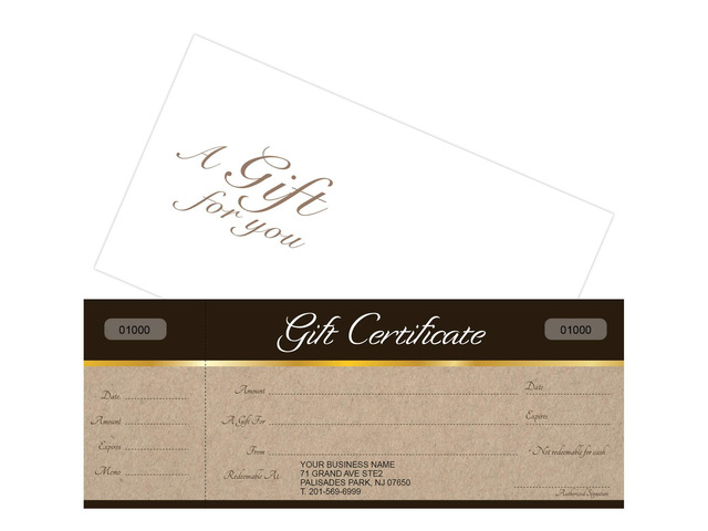 Custom Gift Certificates Cards with Envelopes 100 Set - Sephia on Kraft Background Image - Gift Certificates for Small Business