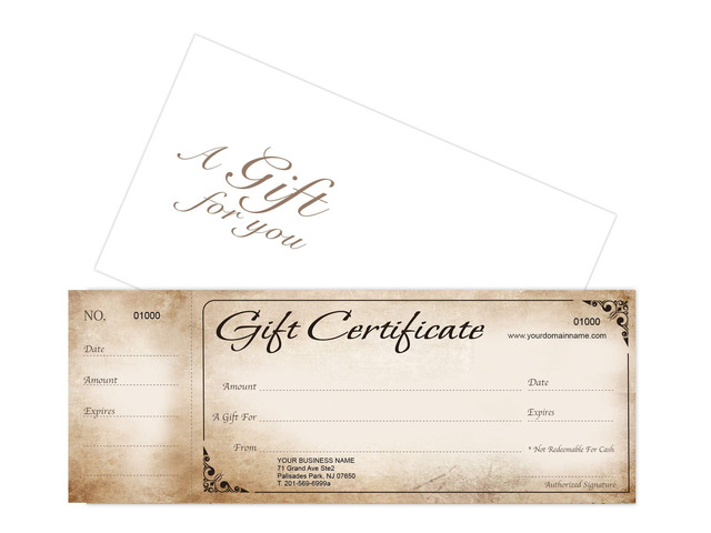 Custom Gift Certificates Cards with Envelopes 100 set - Rustic Image - Gift Certificates for Business