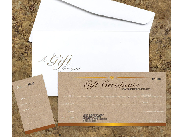 Custom Gift Certificates Cards with Envelopes 100 Set - Kraft Image - Gift Certificates for Small Business