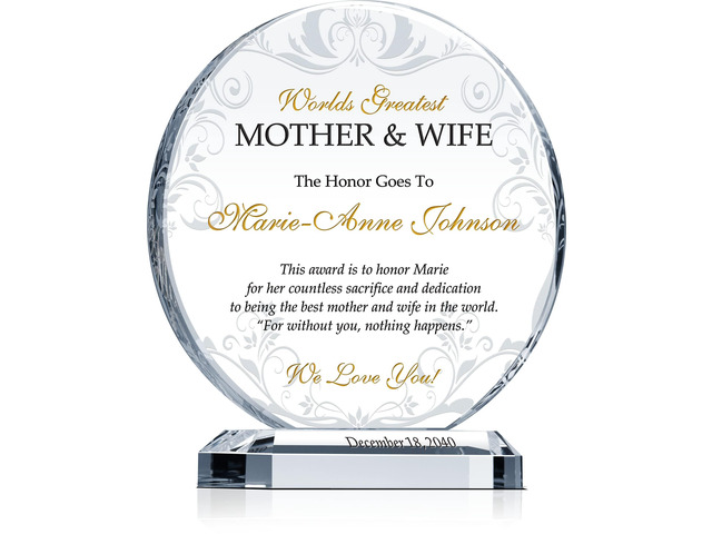 Personalized Crystal Best Wife & Mother Award Plaque Custom Engraved with Wife & Mothers Name Unique Gift from Son, Daughter, or Husband for...