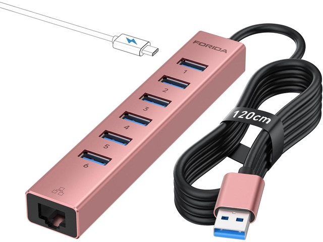 Aluminum USB 3.0 Adapter USB to Ethernet HUB with 120CM Long Cable for Laptop USB Extender with Gigabit Ethernet Port and 5V/3A Power Port 7 Ports...