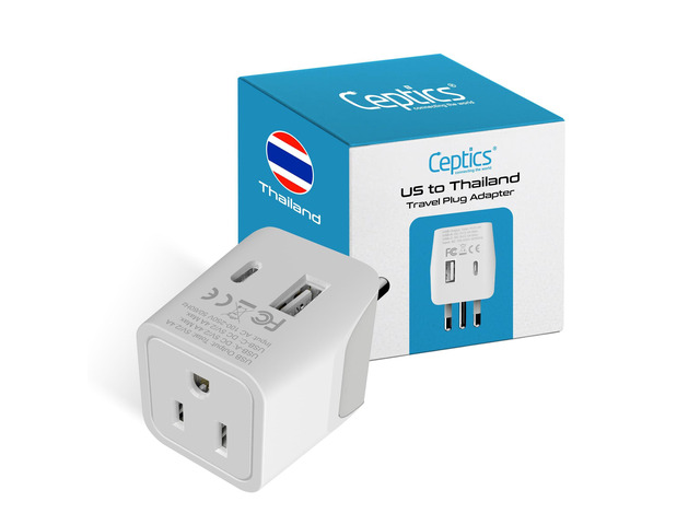 Thailand Travel Plug Adapter Type O Power Adapter with USB-C & A + USA Input Ultra Compact,3-in-1 Safe Grounded Adapter Plug for Thailand