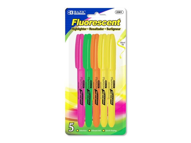 Pen Style Highlighters, Chisel Tip, Clip, 5 Count, 24-Box Quick-dry, Assorted fluorescent pen-style highlighters, Pocket clip, Non-toxic ink,...