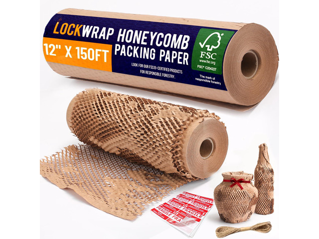 Honeycomb Packing Paper For Moving 12' x 150ft With Rope & Fragile Stickers Eco Friendly Shipping & Moving Paper Wrap For Packing Dishes Bubble...
