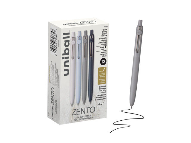 uniball Zento Gel Pens, Black Ink, 0.7mm Medium Point, 12 Count Retractable, Smooth Writing, Quick-Drying, No Smear, No Bleed, Zen Barrel Colors