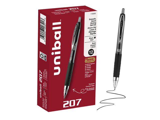 uniball 207 Gel Pens, Black Ink, 1.0mm Bold Point, Retractable, 12 Count Smooth Writing, Fraud-Resistant, uni Super Ink