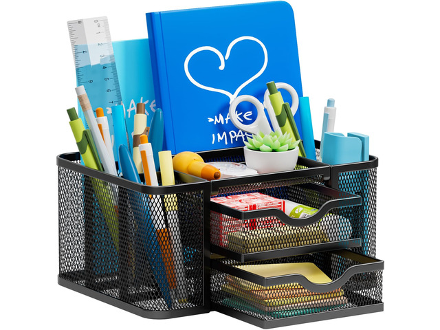 Mesh Desk Organizer, Pen Organizer with 2 Drawer, Multi-Functional Pencil Holder, Desk Organizers and Accessories with 5 Compartments + Drawer for...