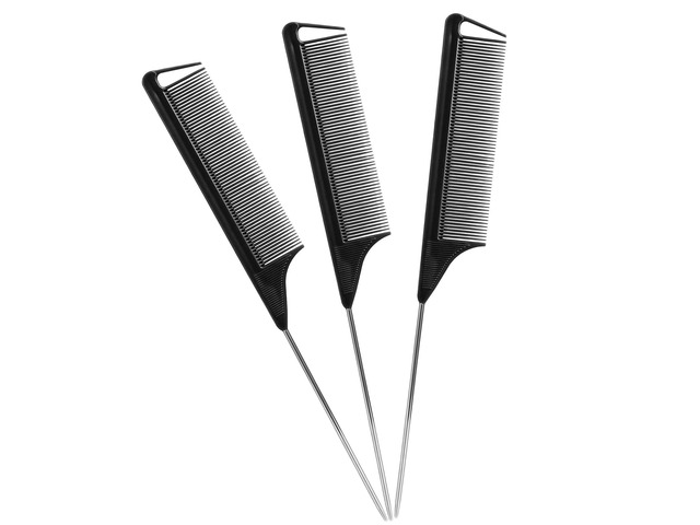 Rat Tail Combs Set: 3-Pack Teasing Styling Combs with Long Steel Pins for Women, Parting Combs for All Hair Types (Black)