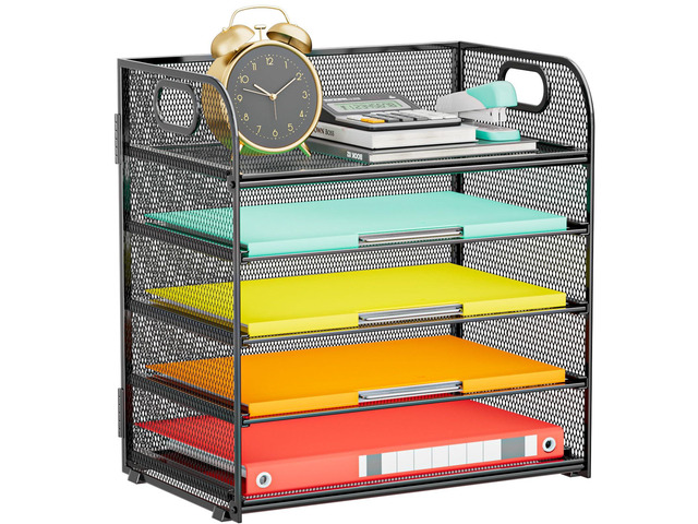 Paper Organizer Letter Tray with Handle, 5-Tier Black Stackable Desk Organizer with Metal Mesh, Sturdy Paper Tray for Office Desk, Home & Classroom...