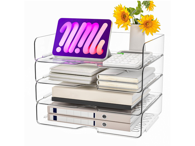 Paper Organizer Letter Tray, 4-Pack Acrylic File Organizer, Clear Stackable, Versatile Desk document OrganizerA4 Paper, Documents, Letters, Books,...