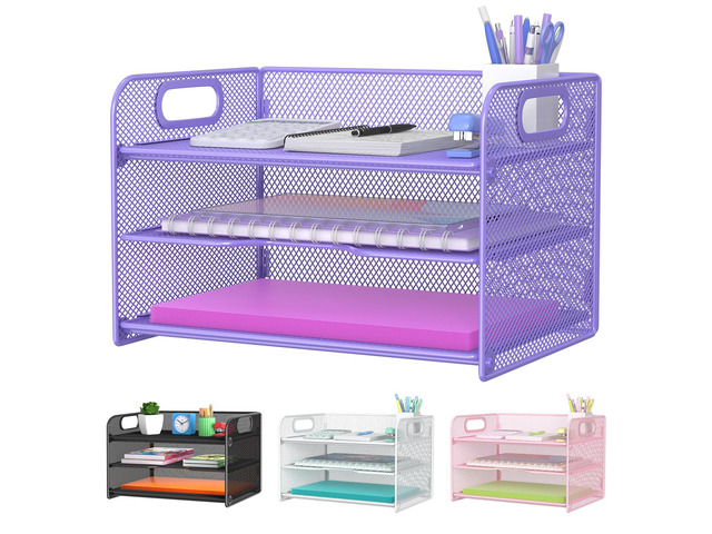 3 Tier Purple Letter Tray Paper Organizer with Handle, Mesh Desk Organizer Paper Sorter File Rack Shelves, Purple