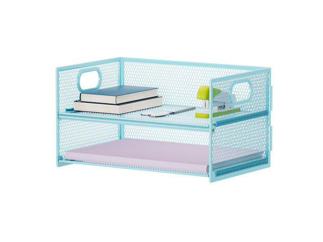 2 Tier Paper Organizer Letter Tray, Mesh File Organizer with Handle, Paper Sorter Desk Organizer for Home Office Supplies - Blue