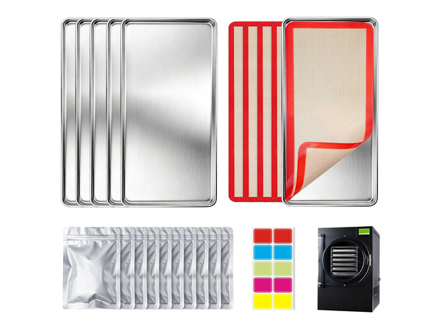 Metal Trays for Harvest Right Freeze Dryer Medium, 5 Stainless Steel Pans 18 x 7.5 in Trays Include 5 Silicone Mats, 10 Mylar Bags and Labels for...