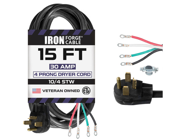 4 Prong Dryer Cord, 15 Ft - Black 10/4 STW Cable, NEMA 14-30 Plug, 30 Amp, Black - For Dryers