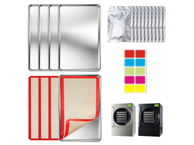 Freeze Dryer Trays for Harvest Right Small, 4 Stainless Steel Pans 14 x 7.75 in trays include 4 silicone mats, 10 Mylar bags and labels for...