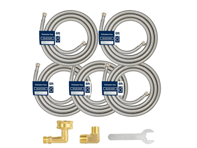 6FT Dishwasher Hose with Elbow Stainless Steel Braided Supply Line, 3/8' Compression to 3/8' Elbow, Universal Fit, Burst Proof, NSF/Lead-Free...