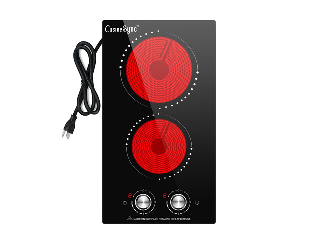 12 Inch 2 Burner Electric Cooktop Ceramic glass cooktop with knob heat control for countertop or built-in use in compact kitchens and RVs