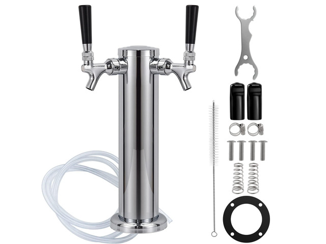 Kegerator Tower Dual Faucet, 3' Beer Tower Double Tap Dispenser Stainless Steel Tower Brass Faucet Stainless Core with Pre-assembled Lines...