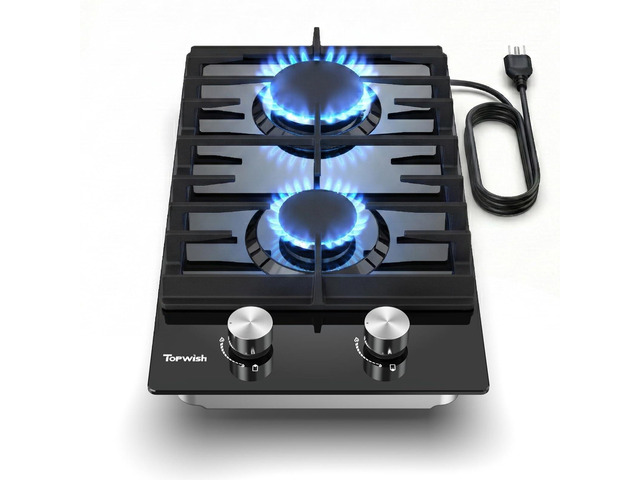 12 Inch Gas Cooktop, 2 Burner Propane Stove Black Tempered Glass LPG/NG Convertible Dual Fuel, Built-in Gas Stove with Thermocouple Protection...