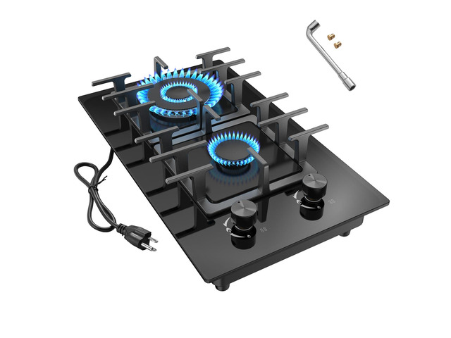 2 Burner Gas Stove Propane Cooktop, Tempered Glass Gas Cooktop 12 inch Stainless Steel Propane Burner with Thermocouple Protection, Lpg/Ng Dual...