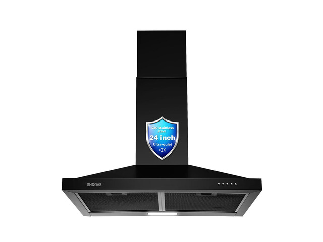 24 inch Range Hood Black,Stainless Steel Chimney-Style Kitchen Hood, Ductless Stove Hood Vent with Energy Saving LED Light,Wall Mount Vent Hood,...