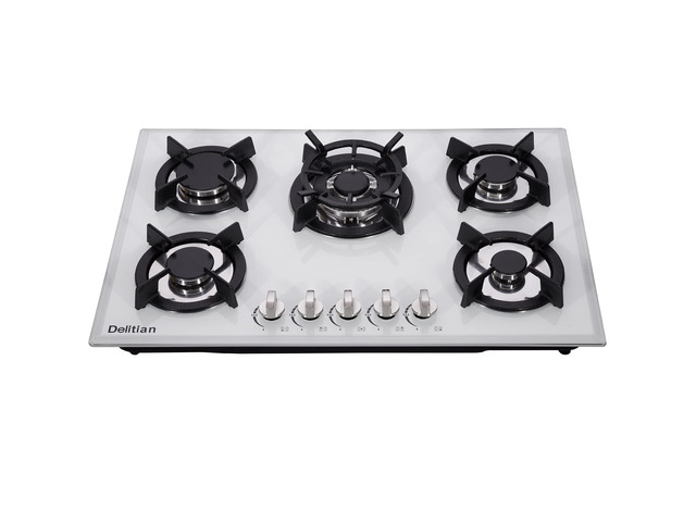 30 Inch Gas Cooktop DTW5701 White Tempered Glass Stovetop, 5 Burners LPG/NG Convertible Stove Thermocouple Protection Cooktop