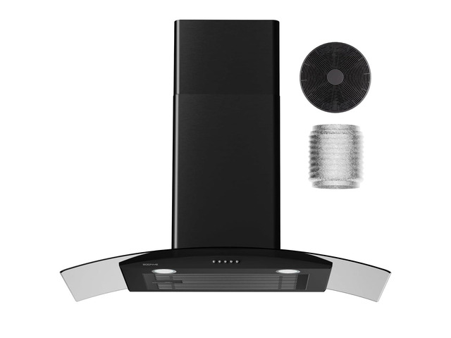 30 Inch Black Range Hood Wall Mounted Curved Glass Range Hoods with 450 CFM, Stainless Steel kitchen Ductless/Ducted Convertible with 3 Speed...