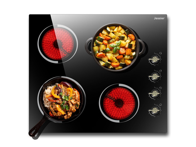 Electric Cooktop 24 Inch 6000W 220V Built-in 4 Burner Radiant Electric Cooktop with Knob Control 24', 9 Heating Levels, Residual Heat Indication...