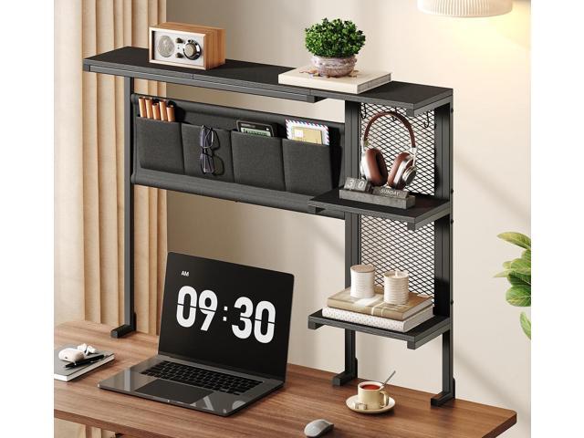 Clamp On Desk Shelf, 3-Tier Above Desk Extender with Pegboard & Hooks, Metal & Wooden Desktop Bookshelf & Organizer, Tabletop Storage Rack for...