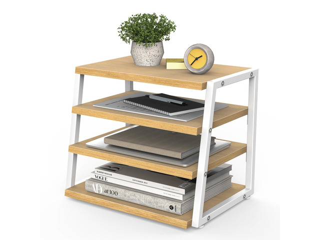 Desk Shelf Organizer, 4-Tier Tower Desktop Office Shelves, Oak Wood and Metal Open Shelf, Corner File Organizer for Office Supplies, Top of Desk...