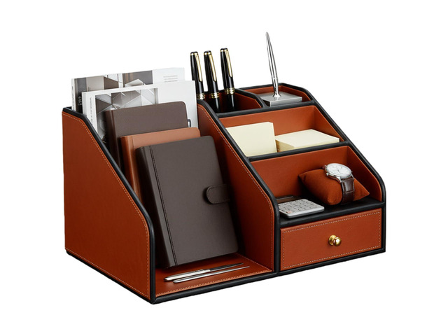 PU Leather Desk Organizer, Multifunction 6 Compartment Desk Organizers and Accessories for Office Supplies, Pen Pencil Holder/Book Mail Organizer...
