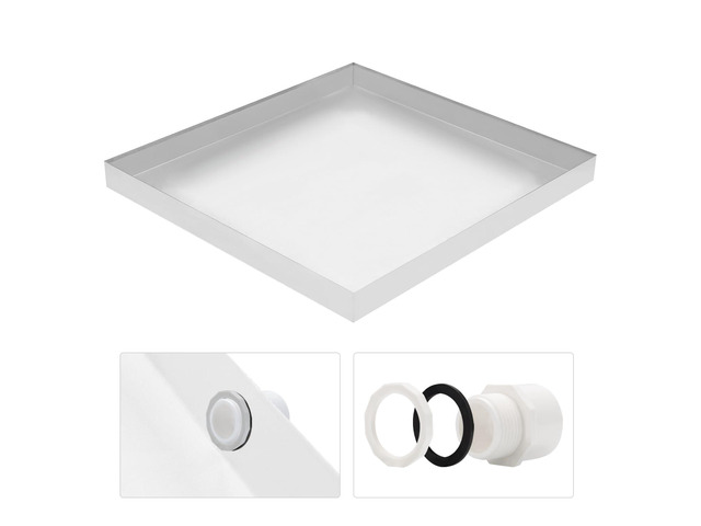 Heavy Duty Washing Machine Drain Pan 19 Guage Thick Stainless Steel 32X30X2-1/2in, Including 1' Drain Fittings (Matte White)