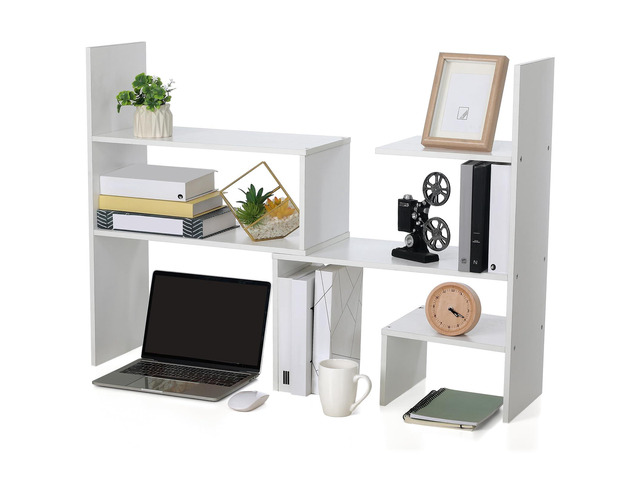 Expandable Dorm Desk Hutch Adjustable Desktop Bookshelf,White Wooden Desktop Storage Organizer, Bookcase Cubby Book Rack for College Dorm Home...
