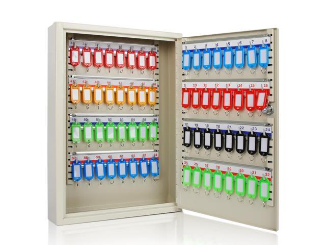 Wall Mount 64 Position Steel Key Box Cabinet with Tags, White Steel key cabinet, wall mountable, 64 position capacity, sturdy lock for security,...