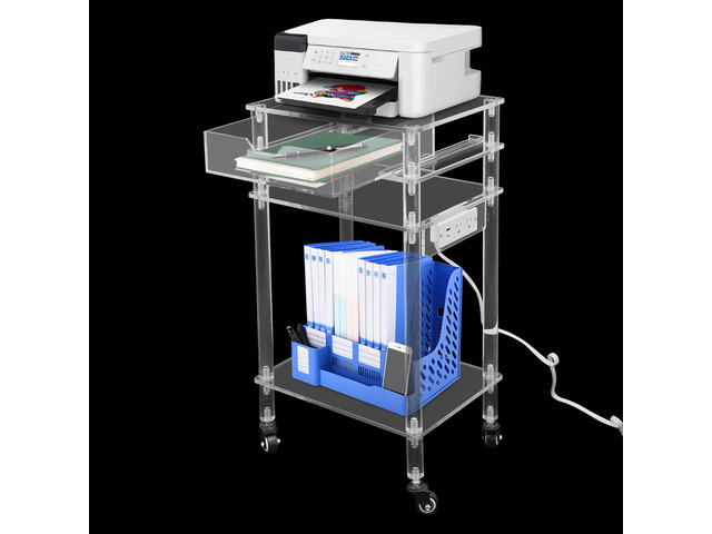 Rolling Acrylic Printer Stand Modern Clear Printer Cart with USB Ports Outlet Multifunctional Printer Table with Wheels and Drawer for Home Office...