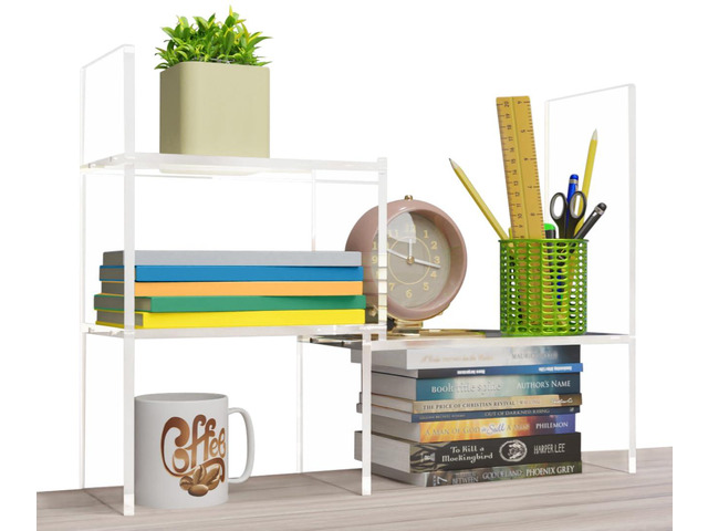 Adjustable Acrylic Desk Shelf for Top of Desk: Clear Desktop Shelf, Premium Desktop Bookshelf Organizer, Office Table Book Shelves