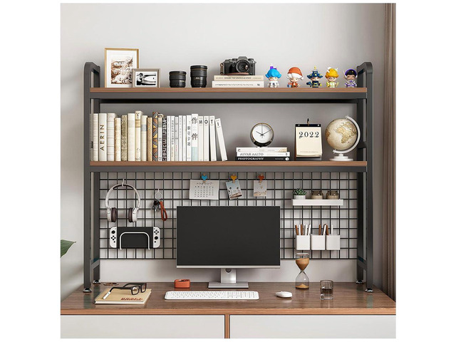 Desktop Hutch Bookshelf, 2-Tier Metal Desk Shelf with Grid Panel Wooden Desktop Display Rack for Computer Monitor, Countertop Storage Organizer...
