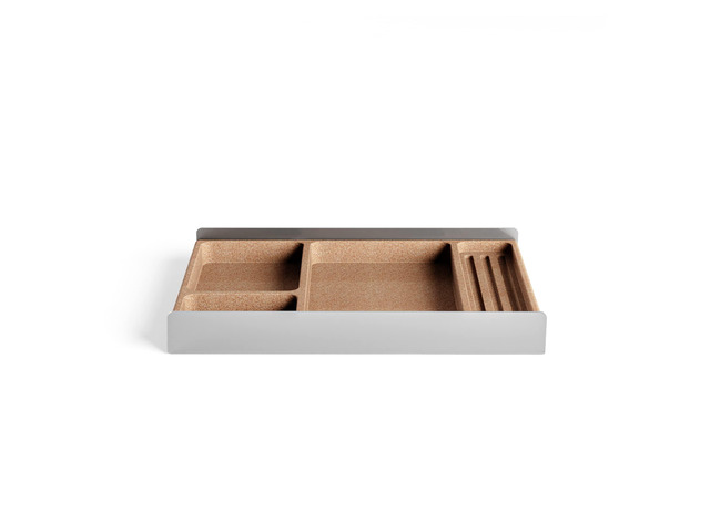 Desk Tray Organiser Drawer with Compartments Cork & Aluminium Catchall Valet Pen Tray for Cockpit Setup Desktop Storage Stationery Organizer (Light)