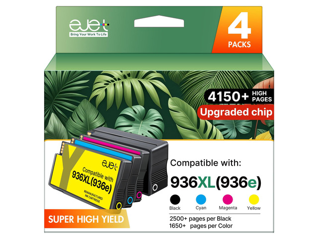936XL High Yield Replacement for HP 936 Ink Cartridges 4 Pack 936 ink cartridges for HP printers Offic Pro 9125e, 9120e, 9135e, 9130e, 9122e,...