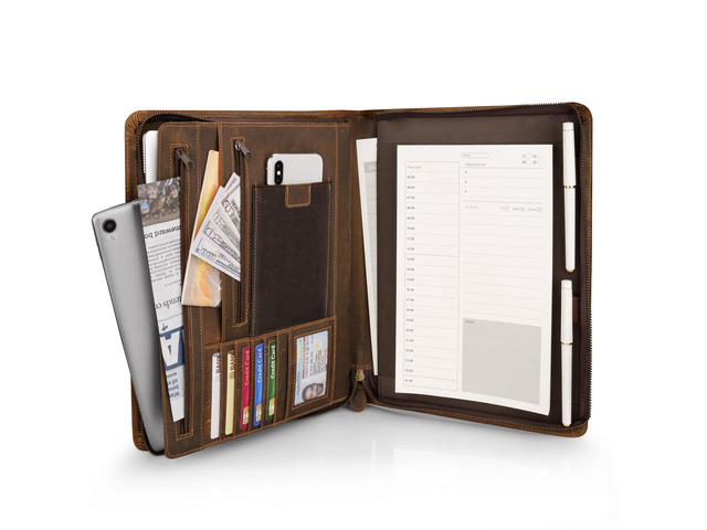 Full Grain Leather Portfolio with Zipper, Professional Business Organizer for Men Women, Executive Resume Folder with A4 Notepad Holder, Card...