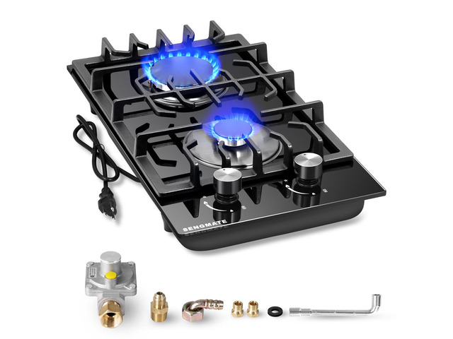 12 Inch Gas Cooktop, 2 Burner Gas Stove Top, Built-In or Countertop Installation, Black Tempered Glass, NG/LPG Convertible, Flame Out Protection,...