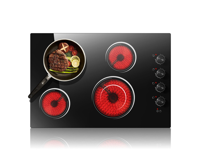 30 Inch Electric Cooktop 4 Burners with Knob Control, 6700W Built-in 220V Radiant Electric Cooktop with 9 Power Levels, Hot Warning, Hard Wire(No...