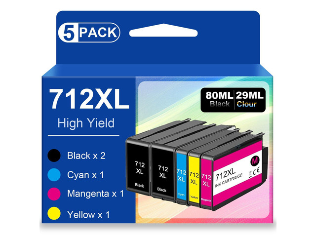 5 Pack 712XL Ink Cartridges Replacement 712 Ink Cartridge 80ml Remanufactured for HP DesignJet T650 T630 T250 T230 T210 Studio Plotter Printer(2X...