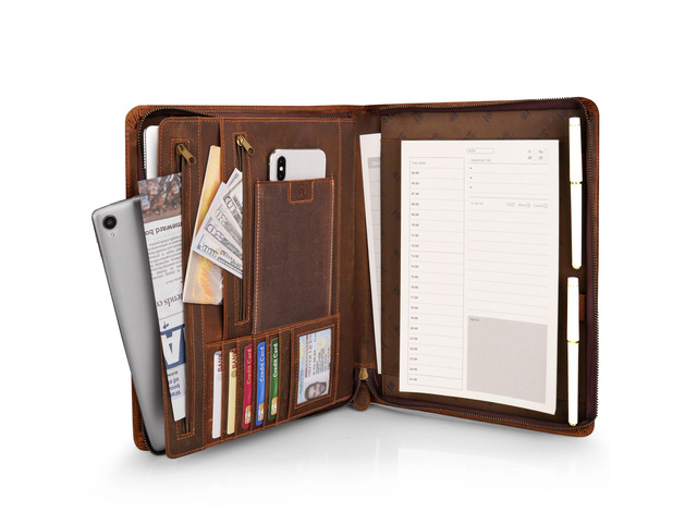 Leather Portfolio for Men, Business Portfolio Binder for A4/Pad, Leather Portfolio Folder Organizer with Notepad Holder, Card Slots, Pen Loop, 10 x...