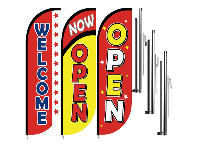 3 Sets 7 Feet Tall Feather Flag Banner Set Now Open and Welcome Flag for Business Advertising, Includes Banner Business Flags, Aluminum Fiberglass...