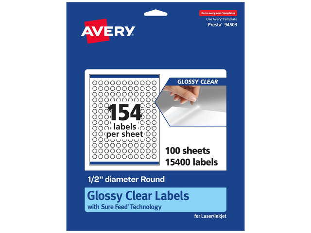Glossy Clear Round Labels, Sure Feed Technology, 0.5' Diameter, 15,400 Glossy Clear Labels, Print-to-The-Edge, Laser/Inkjet Printable